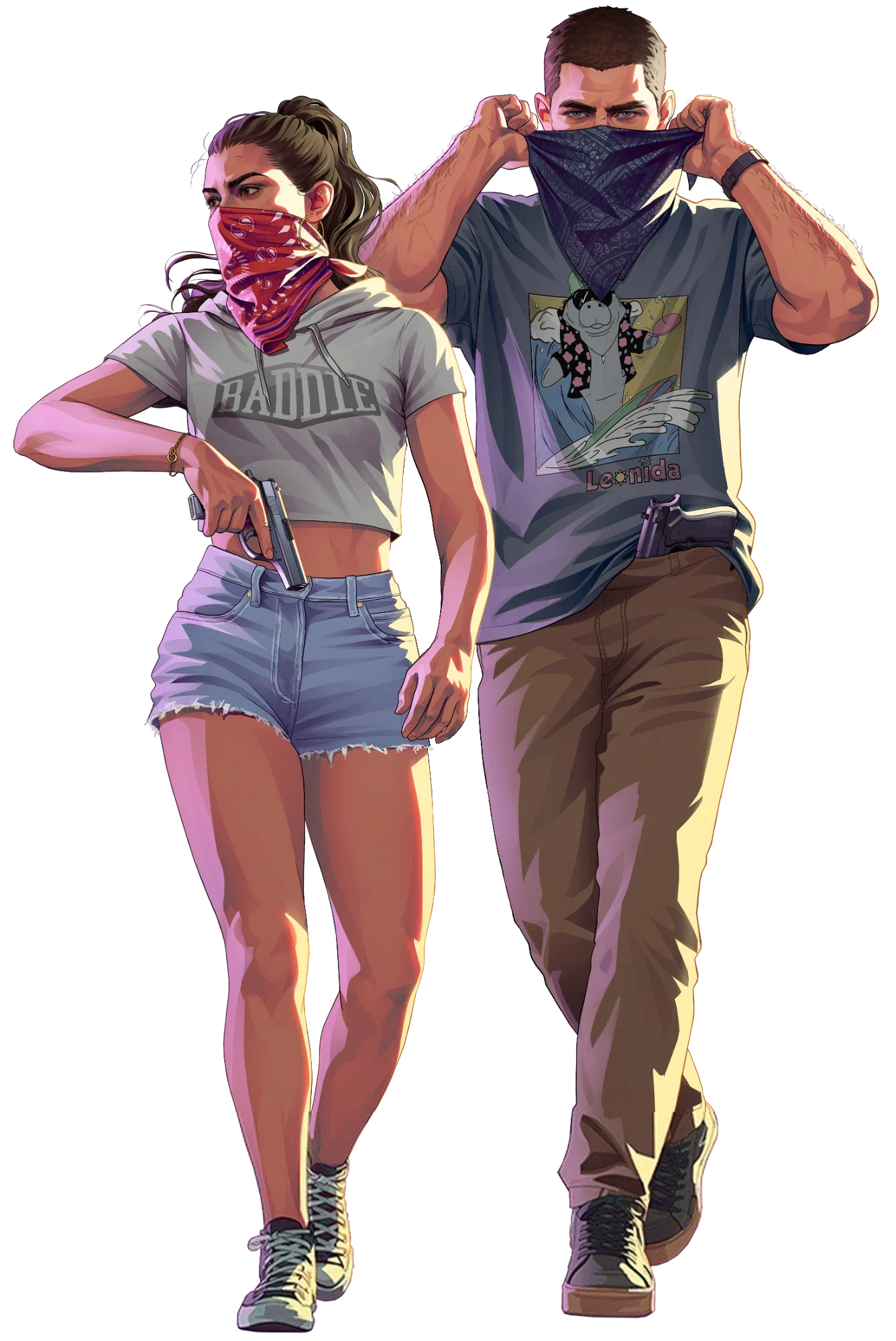 Lucia and Jason, bandanas up, walking towards the camera
