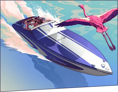 GTA 6 Cover Art Speedboat Flamingo